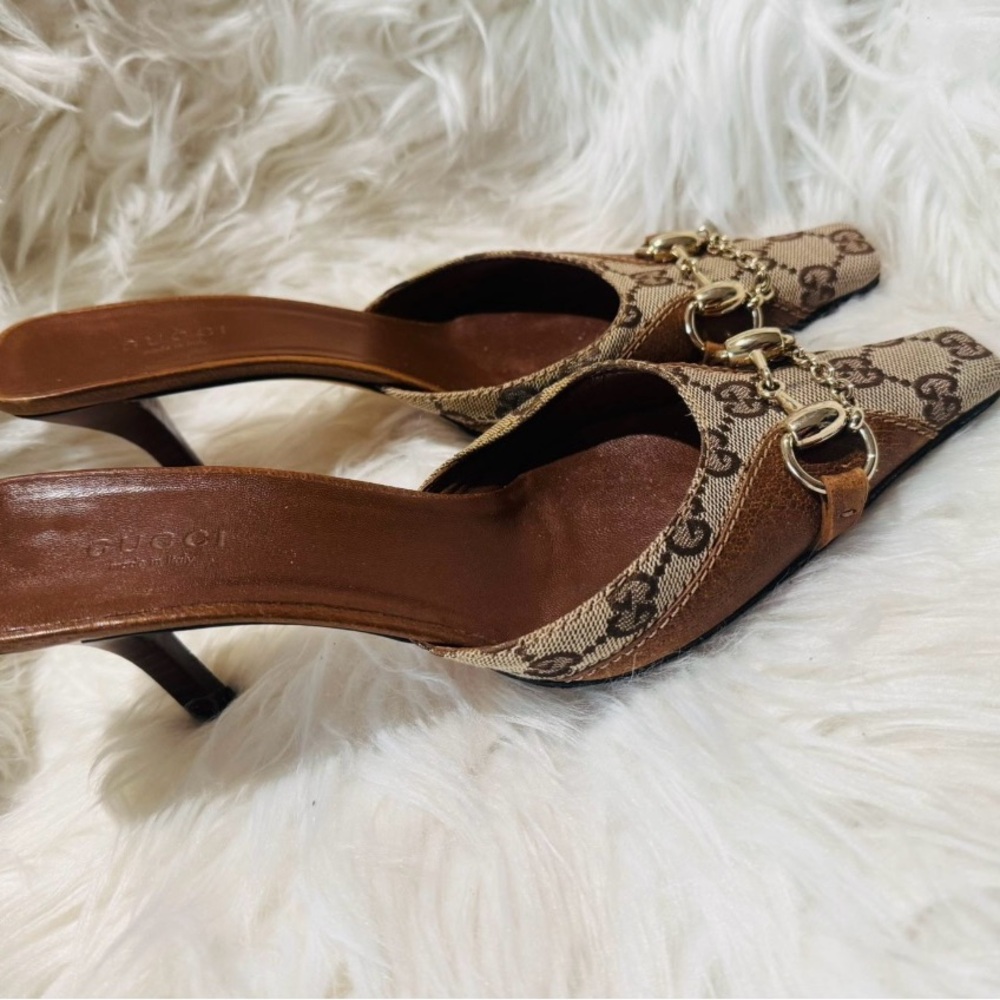 Gucci Tan Monogram Heels with Gold Accents